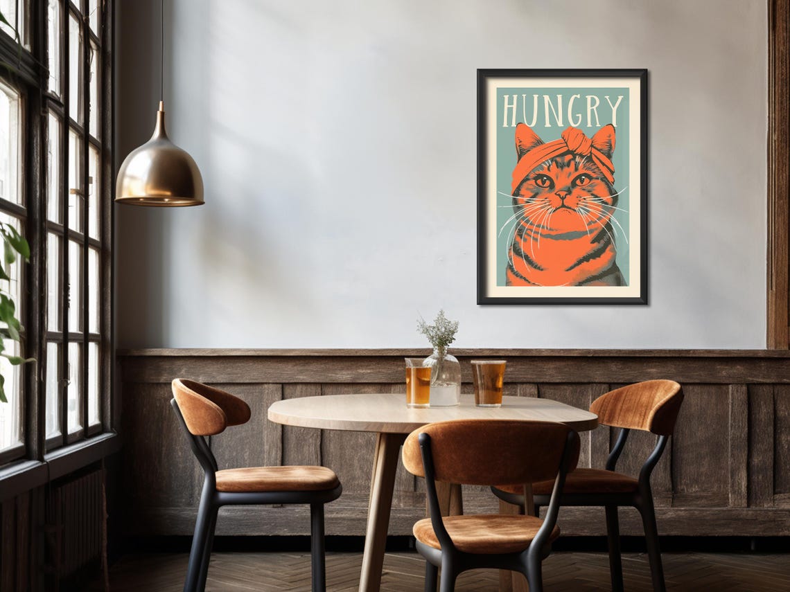 Hungry Orange Tabby Cat Knotted Headband Retro Kitchen Funny Poster - Image 3