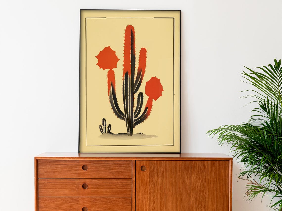 Minimalist Blooming Cactus Botanical Line Art Red Desert Poster - Image 2