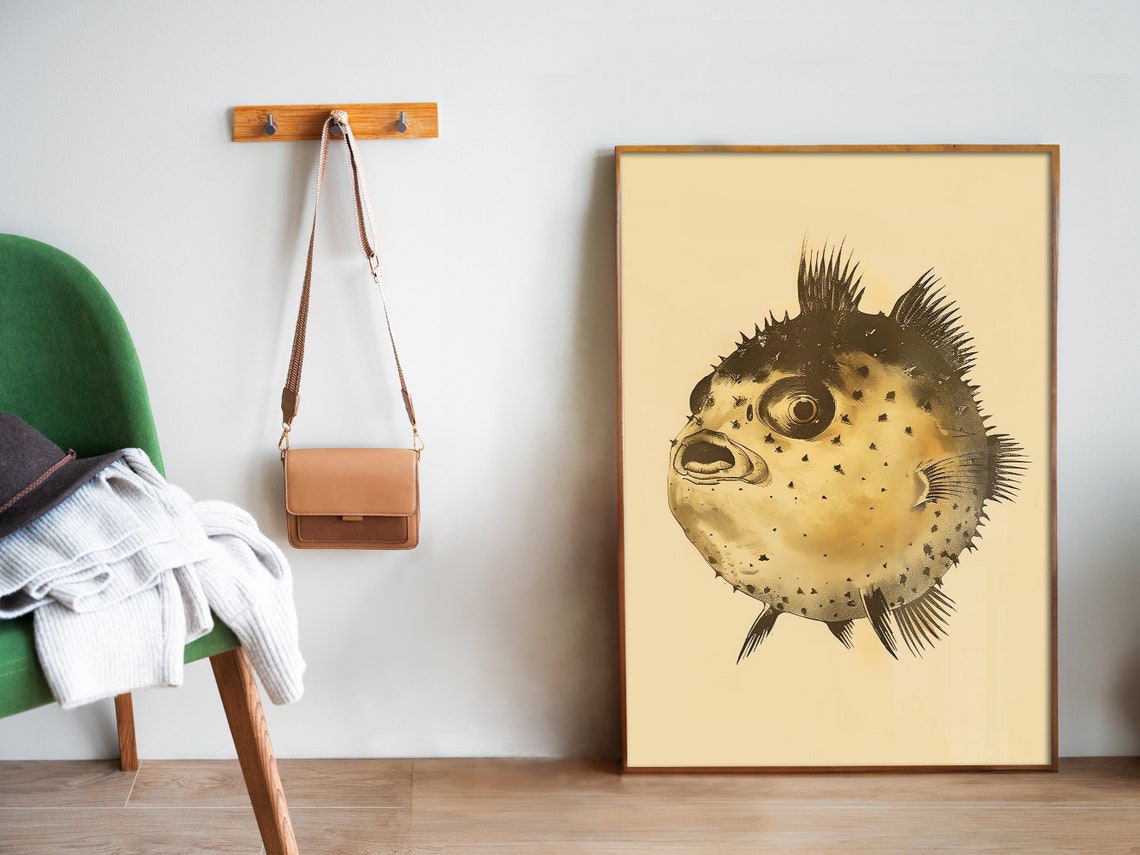 Retro Pufferfish Vintage Sepia Fish Illustration Funny Bathroom Poster - Image 5