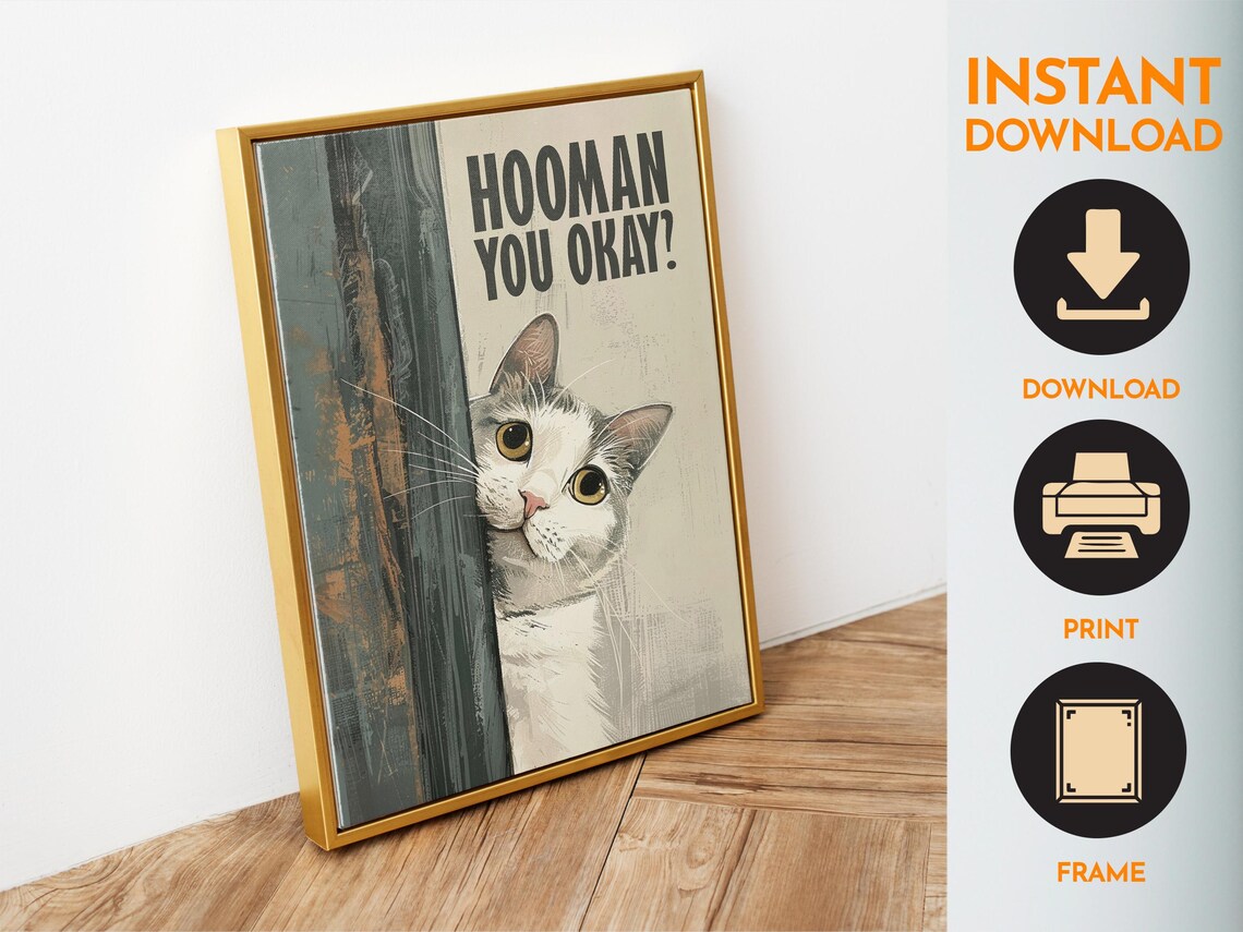 Hooman You Okay Funny Cat Peeking Door Painted Beige Retro Poster - Image 6