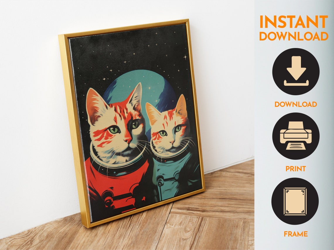 Space Cats Astronaut Kittens Retro Vintage Sci Fi Planet Art Poster - Image 6