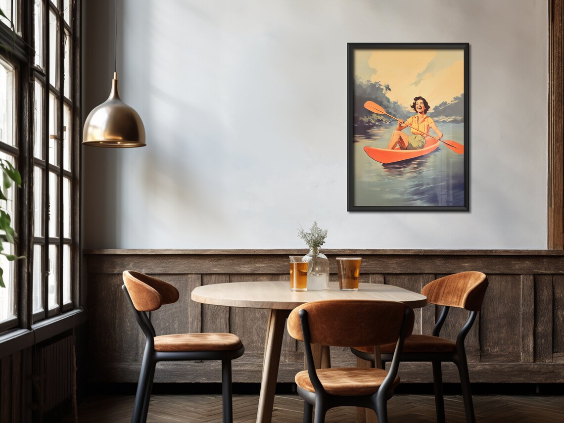 Sunset Kayak Retro Woman Paddling River Vintage Outdoor Adventure Poster - Image 4