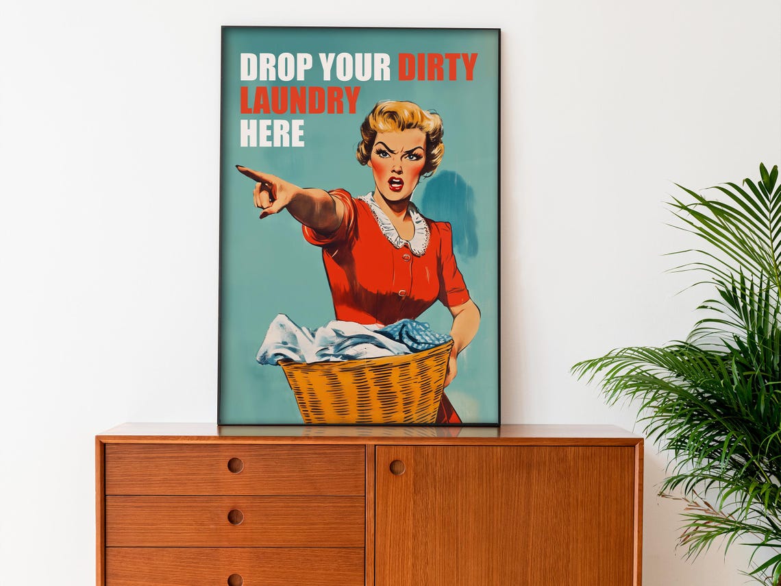 Drop Your Dirty Laundry Here Retro Pointing Woman Funny Laundry Poster - Image 3