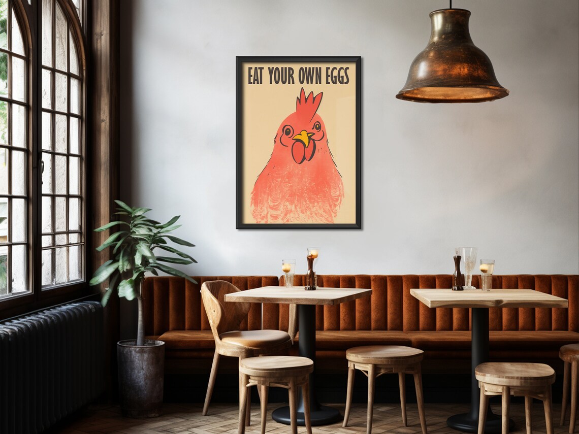 Eat Your Own Eggs Funny Red Chicken Kitchen Poster Vegan Humor Art - Image 3