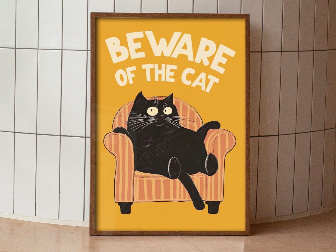 Beware Of The Cat Funny Black Cat Armchair Retro Yellow Poster Art - Image 3