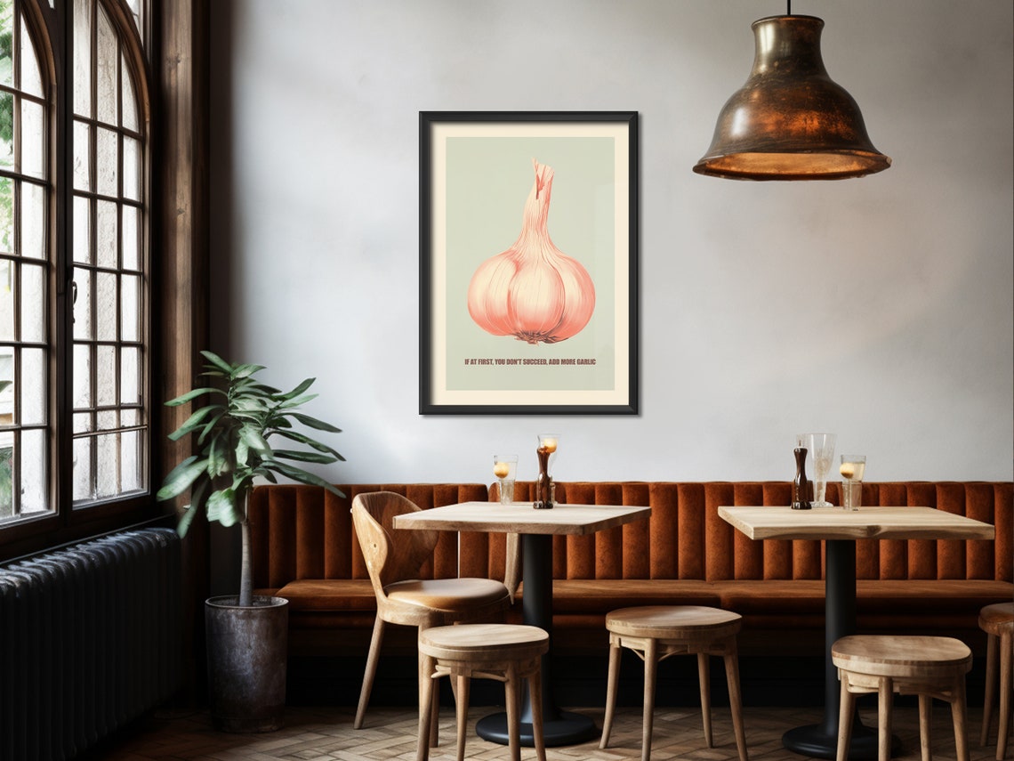 Garlic Print Vegetable Print Retro Kitchen Print Kitchen Wall Art Vegetarian Posters Vegan Prints Funny Poster Dining Blue And Pink Print - Image 3
