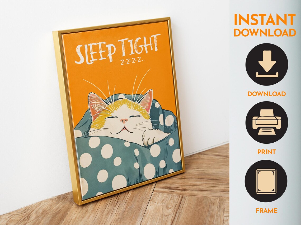 Sleep Tight Orange Cat Sleeping Polka Dot Blanket Bedroom Poster - Image 6