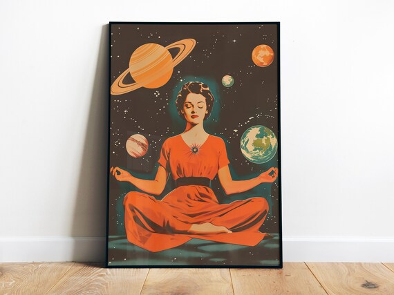 Woman Meditating Among Planets Retro Cosmic Space Spiritual Poster