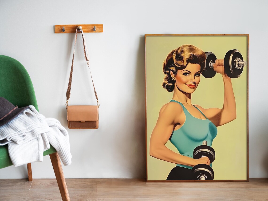 Retro Woman Lifting Dumbbells Vintage Gym Fitness Art Poster - Image 5