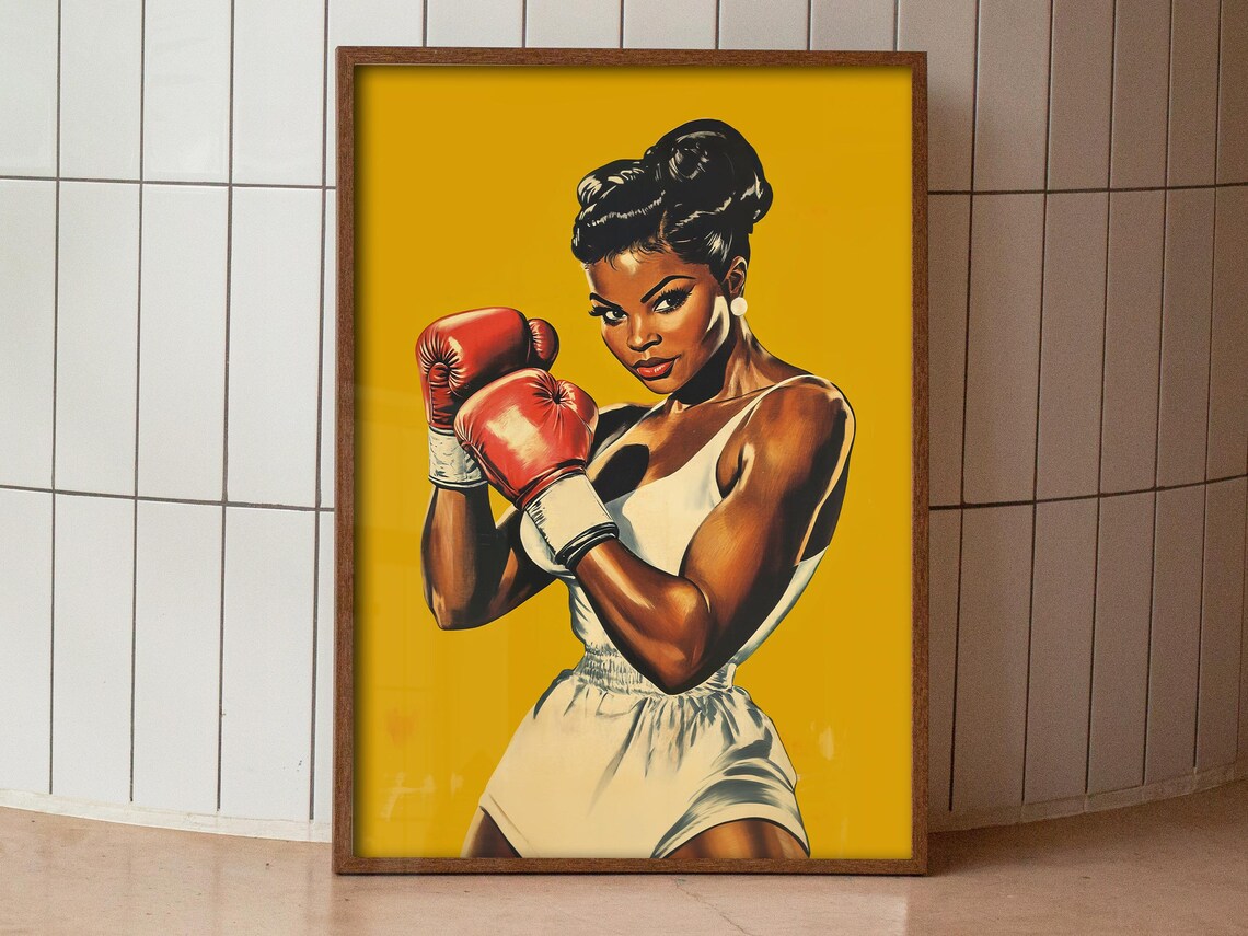 Female Boxer Print Boxing Wall Art Yellow Gym Art Prints Black Woman Retro Home Gym Wall Decor Working Out Art Print Sports Art - Image 4