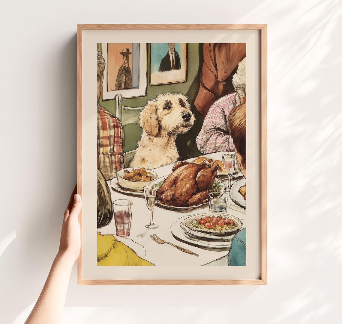 Funny Terrier Dog Thanksgiving Dinner, Retro Kitchen Art Print