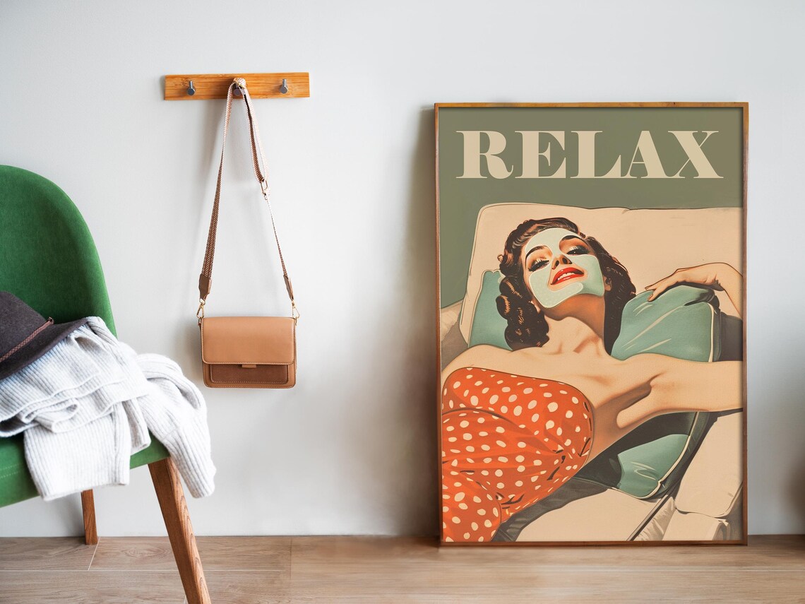 Relax Retro Housewife Face Mask Spa Day Beauty Salon Vintage Wall Poster - Image 5