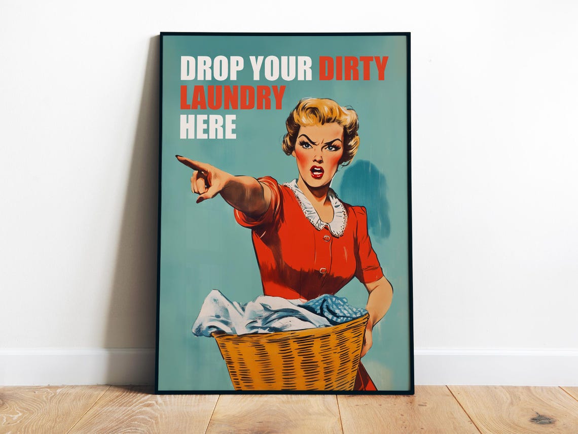 Drop Your Dirty Laundry Here Retro Pointing Woman Funny Laundry Poster