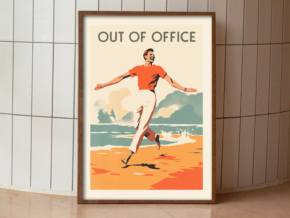 Out Of Office Funny Man Running On Beach Retro Travel Poster - Image 3