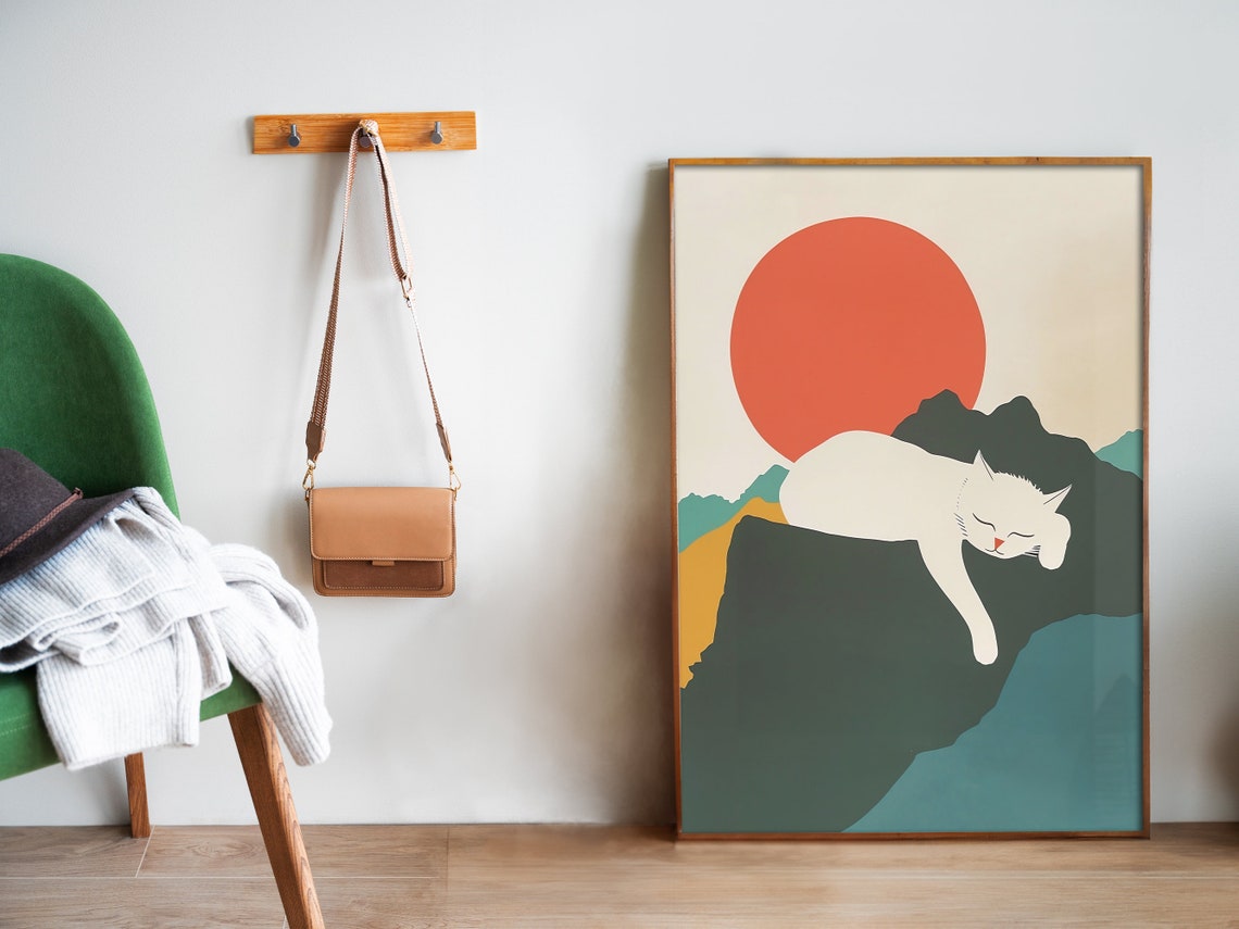 Sleeping White Cat On Cliff Red Sun Minimal Japanese Style Poster - Image 5