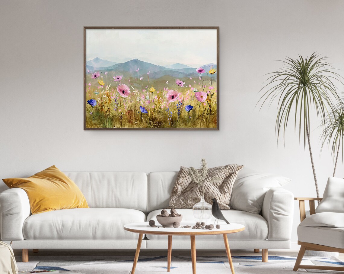 Spring Wildflower Meadow Mountain Landscape Soft Pastel Wall Art - Image 2
