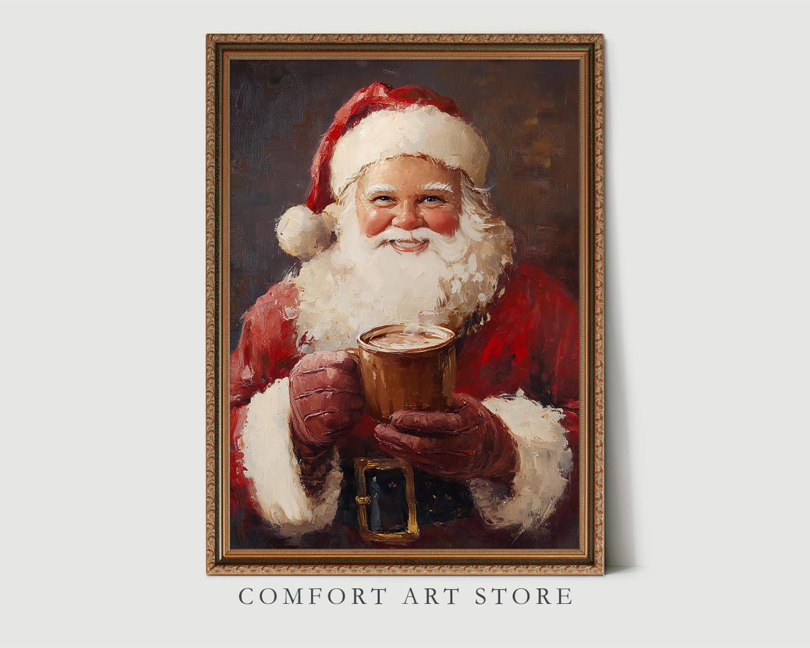 Santa Claus Holding Hot Cocoa Vintage Oil Painting Cozy Holiday Poster - Image 8