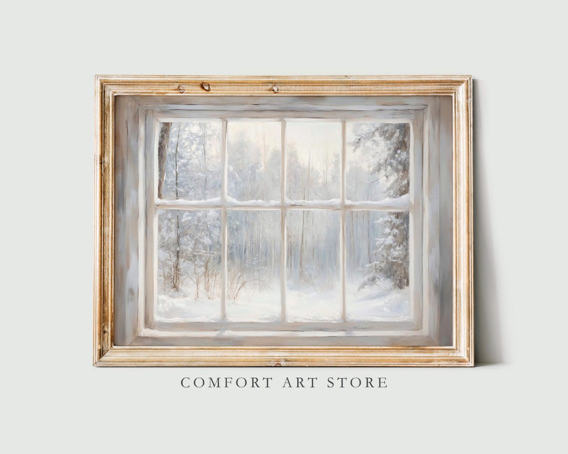 Antique Style Winter Window With Snowy Woodland View Vintage Print