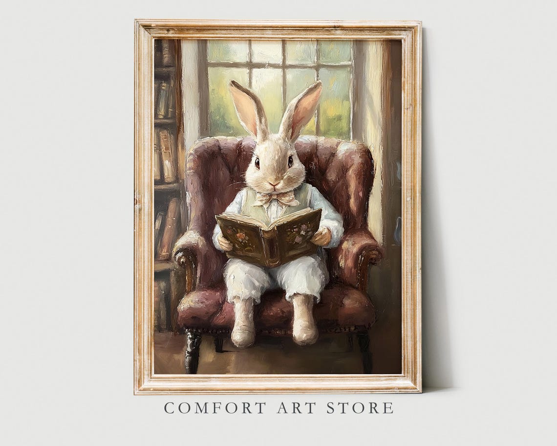 Easter Bunny Print Cute Easter Bunny Reading Book Easter Rabbit Easter Vintage Spring Cottagecore Easter Decor Farmhouse Wall Art - Image 4