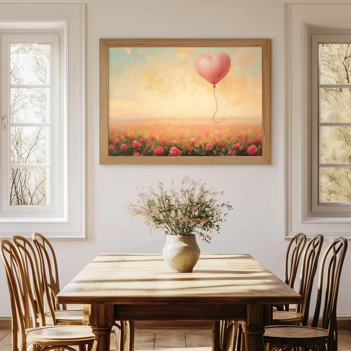 Pink Heart Balloon Rose Field Sunset Romantic Painting Art Poster - Image 2