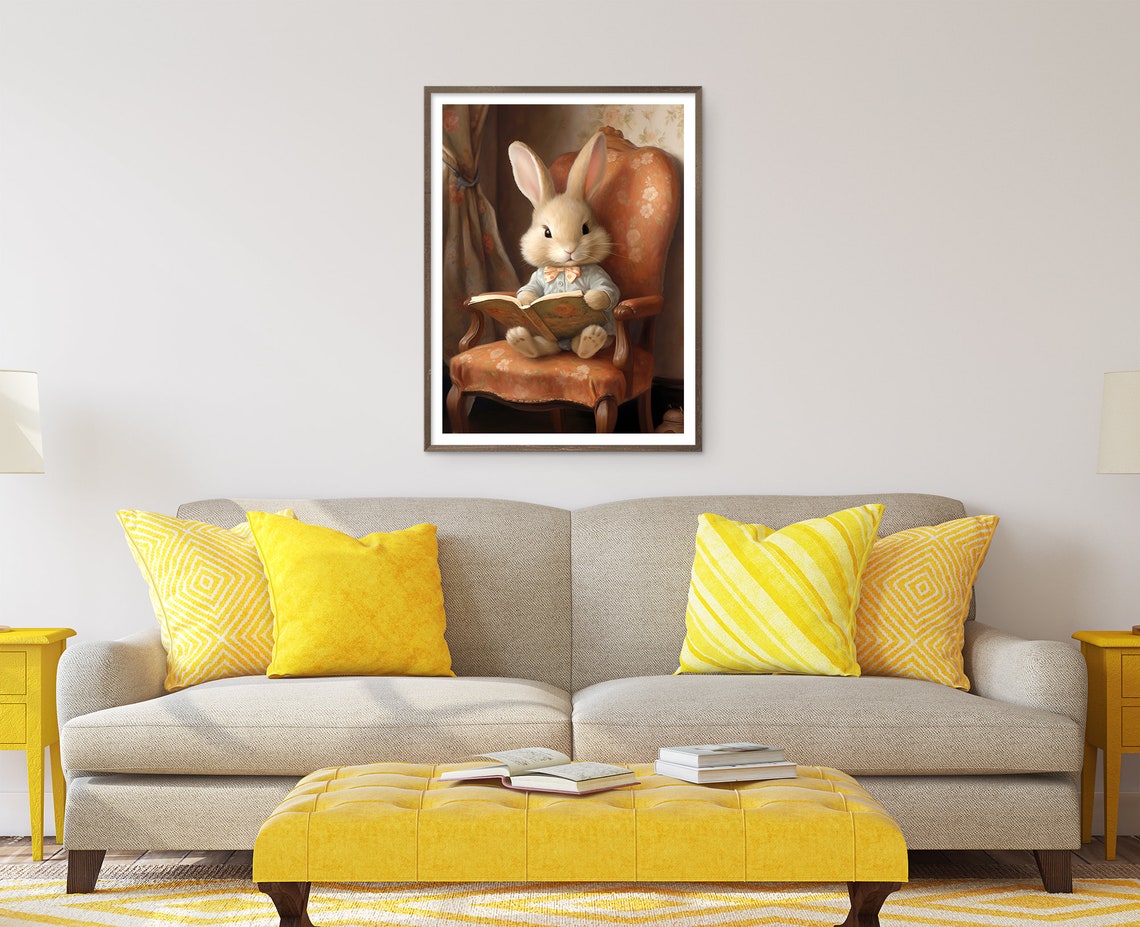 Cute Easter Bunny Spring Print Easter Bunny Reading Book Easter Rabbit Easter Vintage Decor Cottagecore Easter Farmhouse Wall Art - Image 3