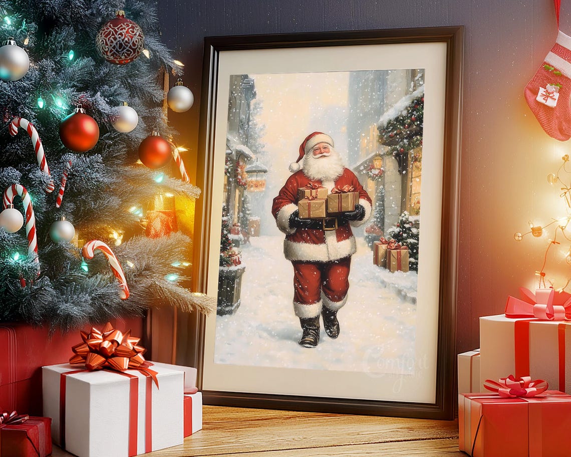 Santa Claus Print Vintage Christmas Wall Art Christmas Snowy Street Print Winter Holiday Decor Antique Christmas Gift Neutral Santa Wall Art - Image 5