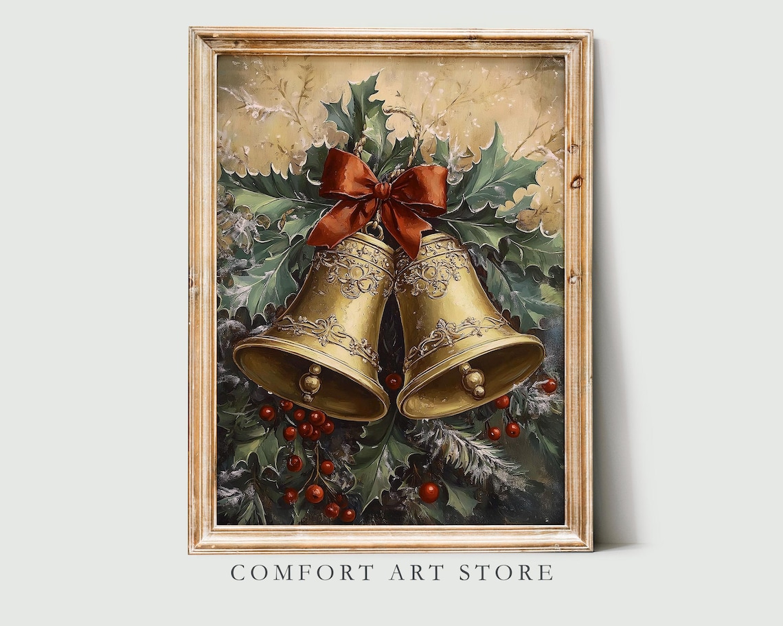 Ornate Brass Christmas Bells with Holly and Red Bow Wall Art