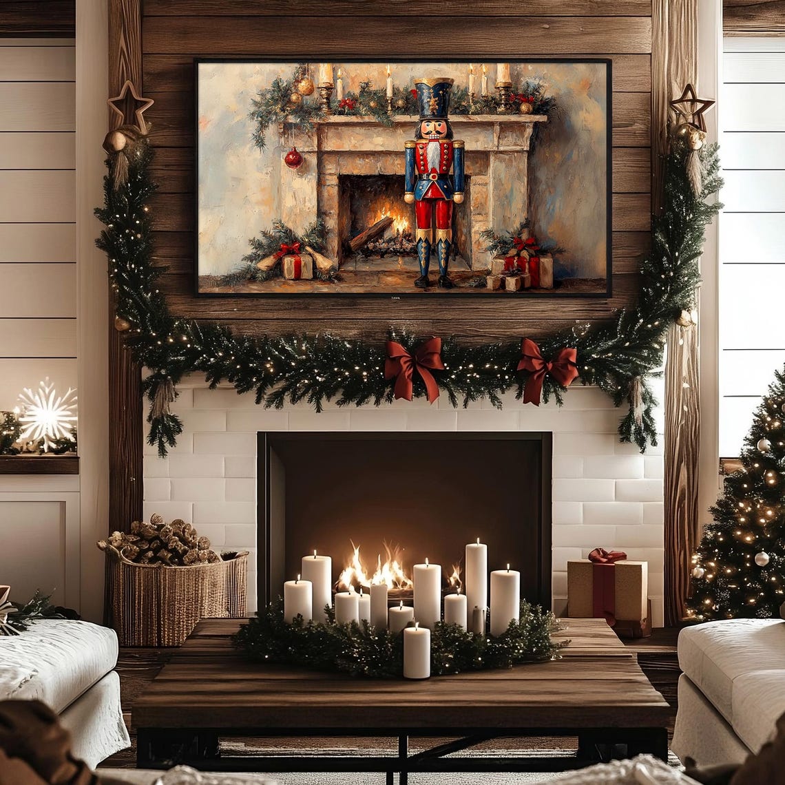 Nutcracker Soldier By A Candlelit Christmas Fireplace Mantel Poster - Image 3