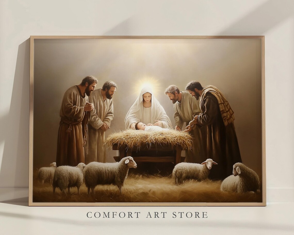 Holy Nativity Adoration of the Manger with Shepherds Art Poster - Image 8