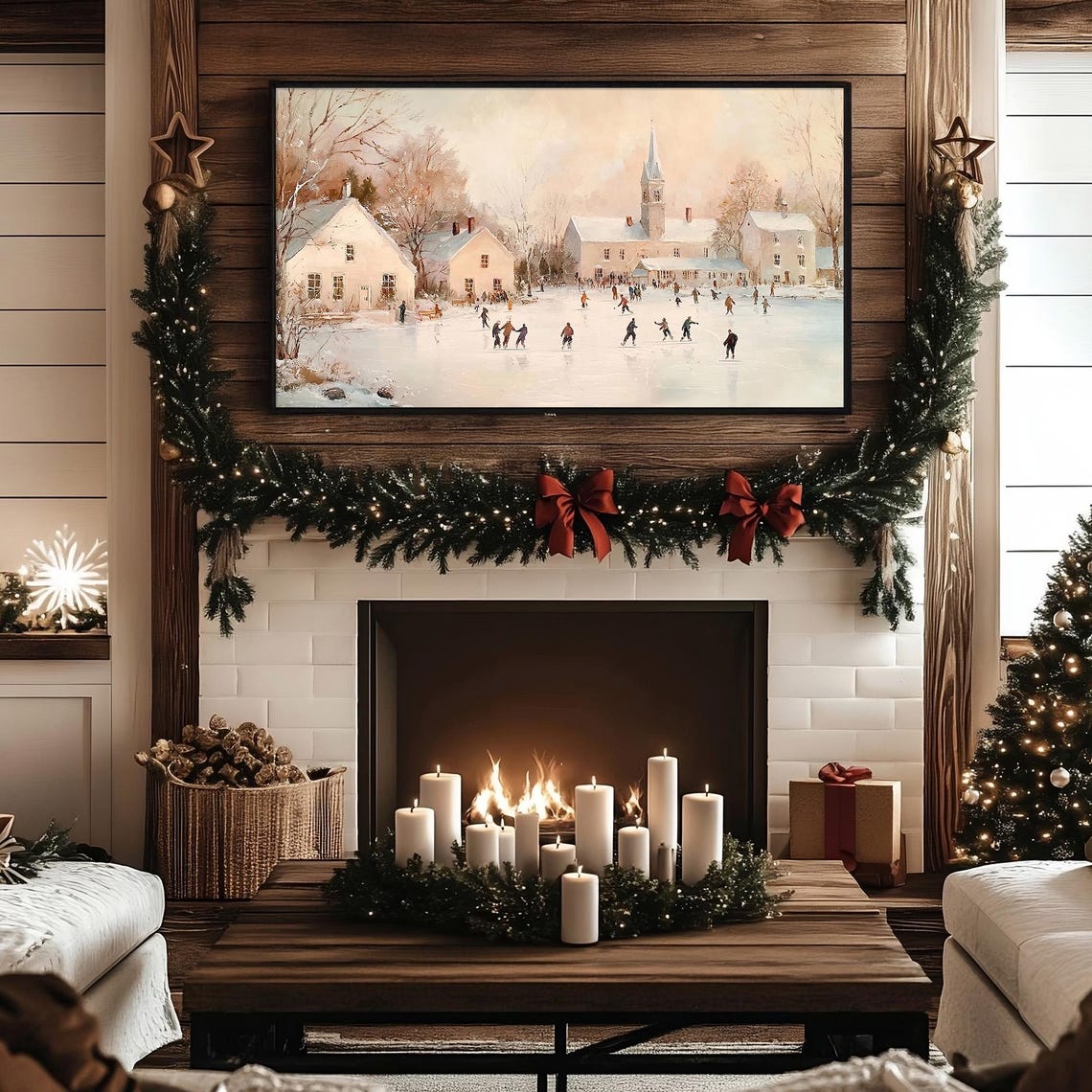 Ice Skating Frame Tv Art Vintage Christmas Antique Christmas Winter Landscape Frozen Lake Ice Skating Painting Holiday Frame Tv Art - Image 6
