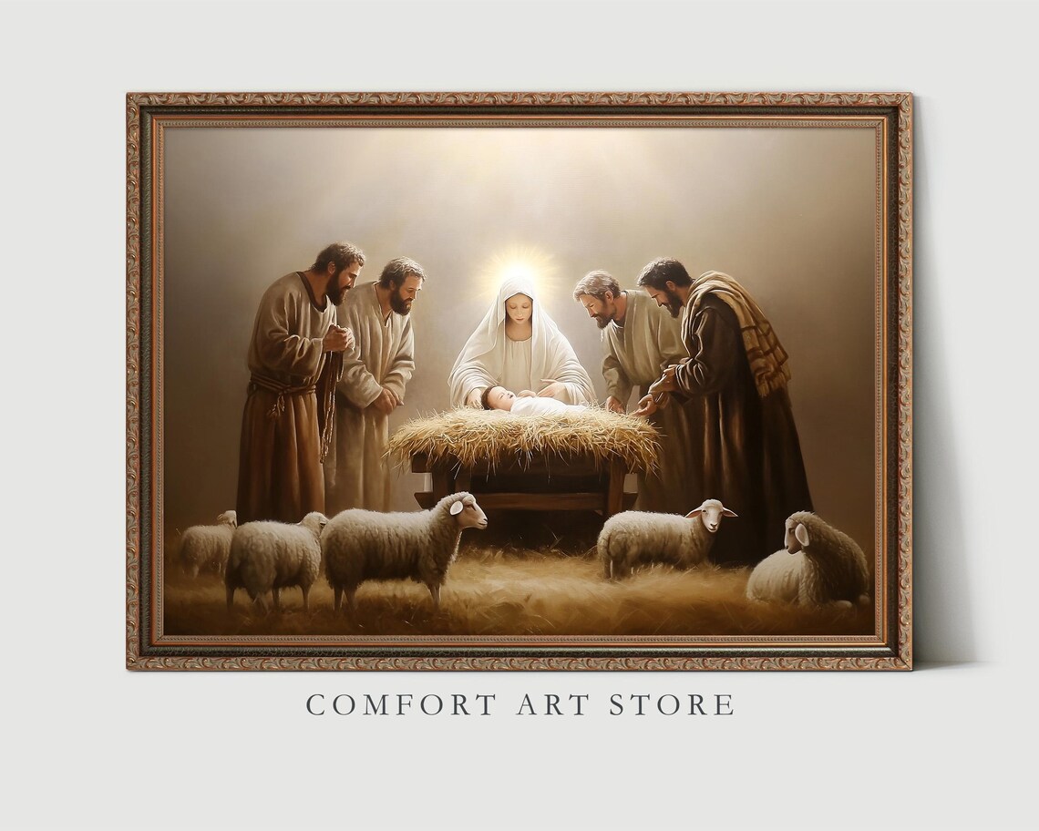 Holy Nativity Adoration of the Manger with Shepherds Art Poster - Image 3