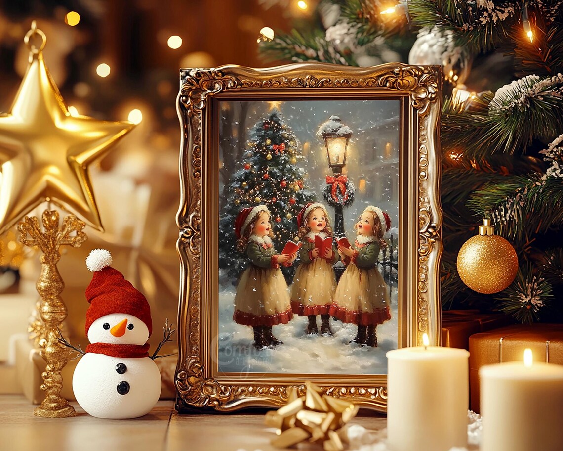 Victorian Girls Caroling in the Snow Vintage Christmas Poster - Image 2