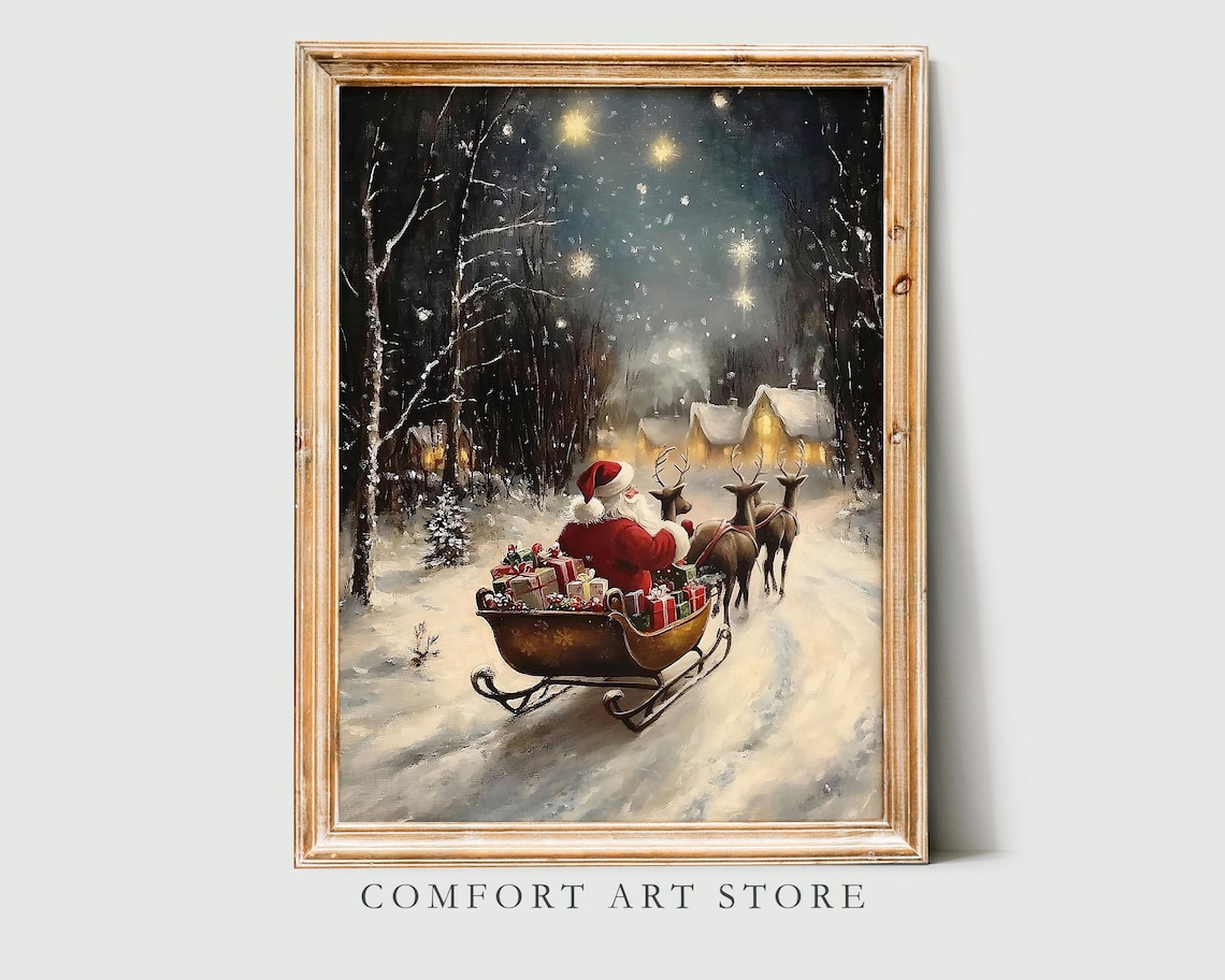 Santa Claus Sleigh Reindeer Snowy Village Starry Night Classic Poster