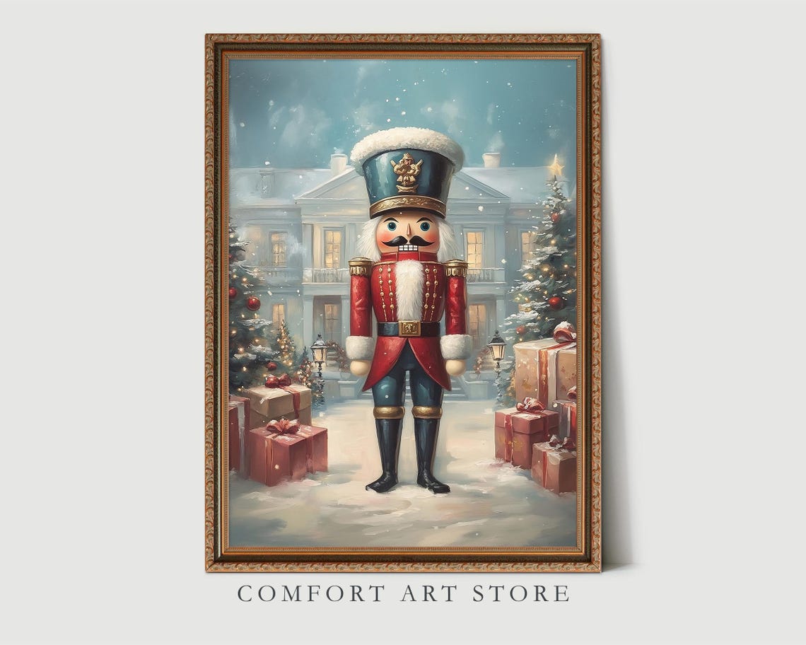 Toy Nutcracker in Front of Snow Covered Manor Christmas Art Poster - Image 3