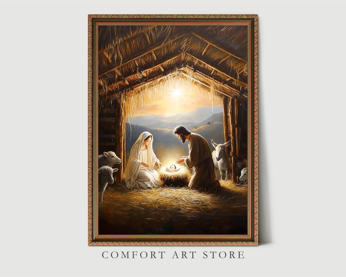Vintage Nativity Scene Mary Joseph Baby Jesus Manger Christmas Poster - Image 4