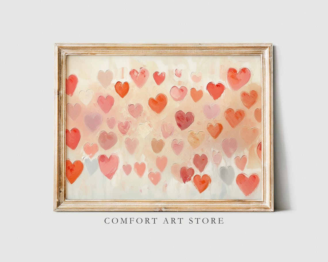 Coral Scattered Hearts Oil Painting Soft Pink Valentines Decor Poster