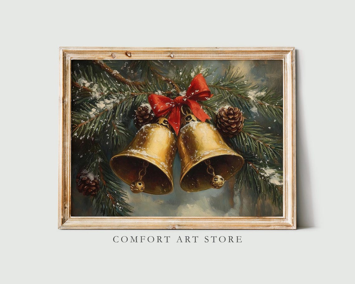 Vintage Christmas Jingle Bells Print Christmas Wall Art Winter Holiday Decor Antique Christmas Golden Bells Oil Painting Winter Pine Print