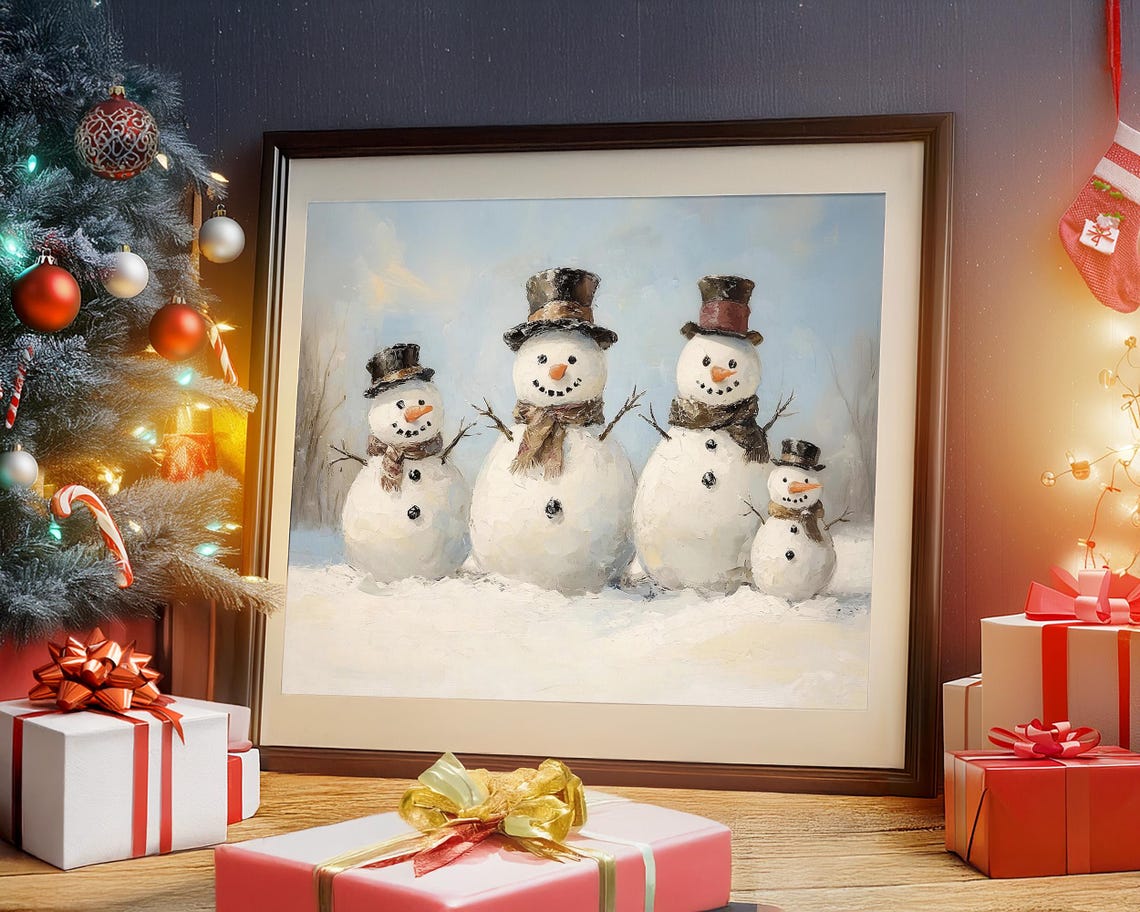 Antique Vintage Christmas Snowman Print Christmas Wall Art Winter Scene Holiday Art Snowman Family Christmas Painting Snowman Wall Art Decor - Image 4
