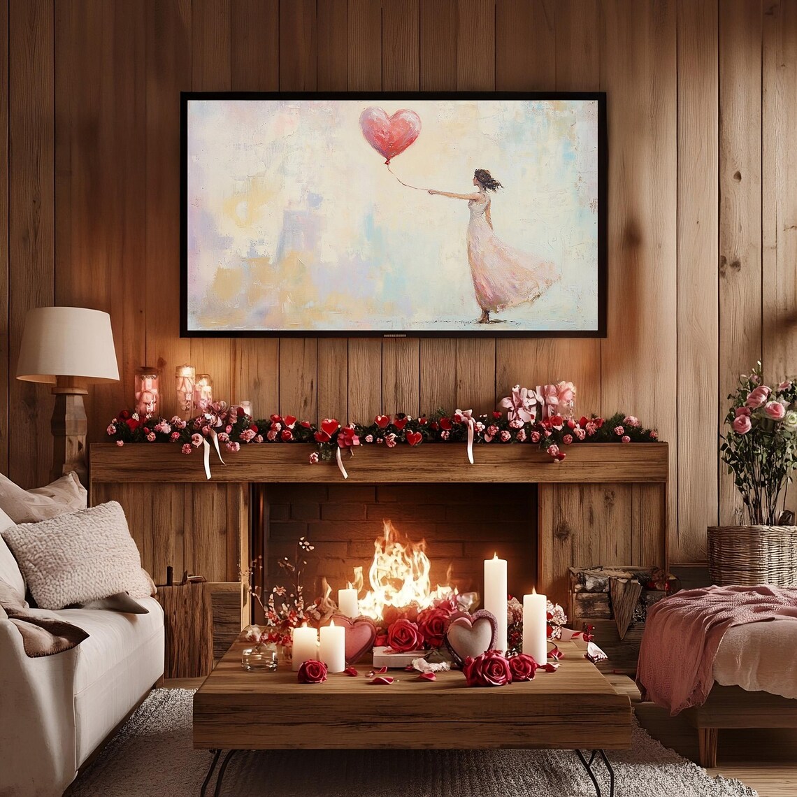 Woman Reaching Red Heart Balloon Frame TV Artwork Romantic Poster - Image 2