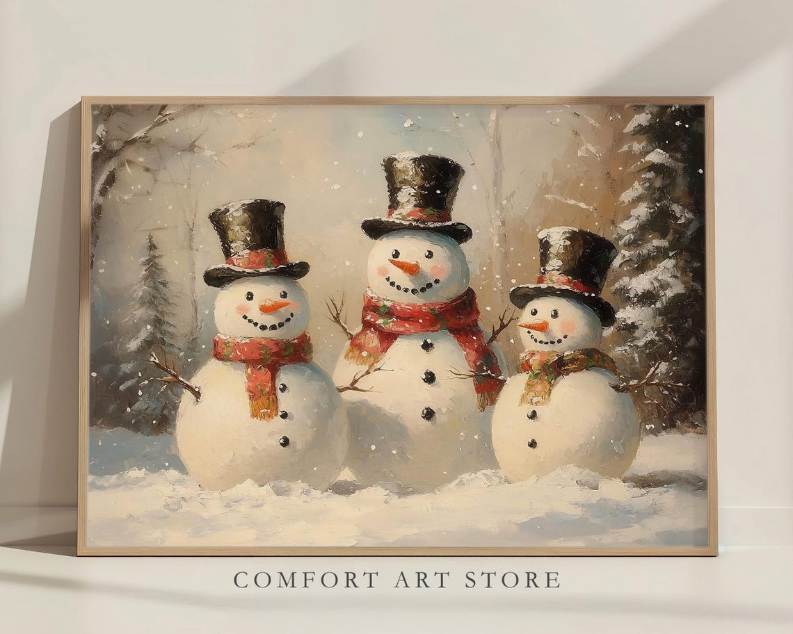 Vintage Christmas Snowman Print Christmas Wall Art Winter Holiday Antique Christmas Snowman Family Painting Snowman Wall Art Christmas Decor - Image 7