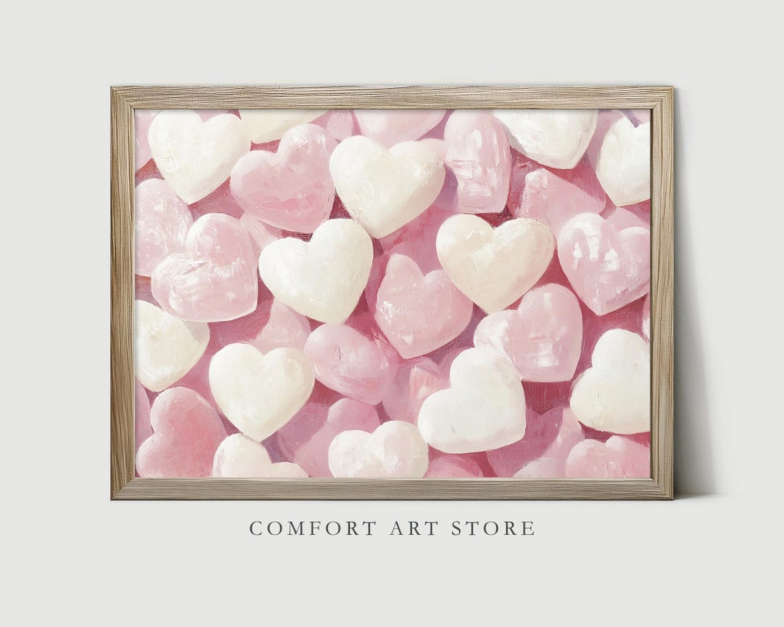 Valentines Pink White Candy Hearts Painting Sweet Romantic Wall Art