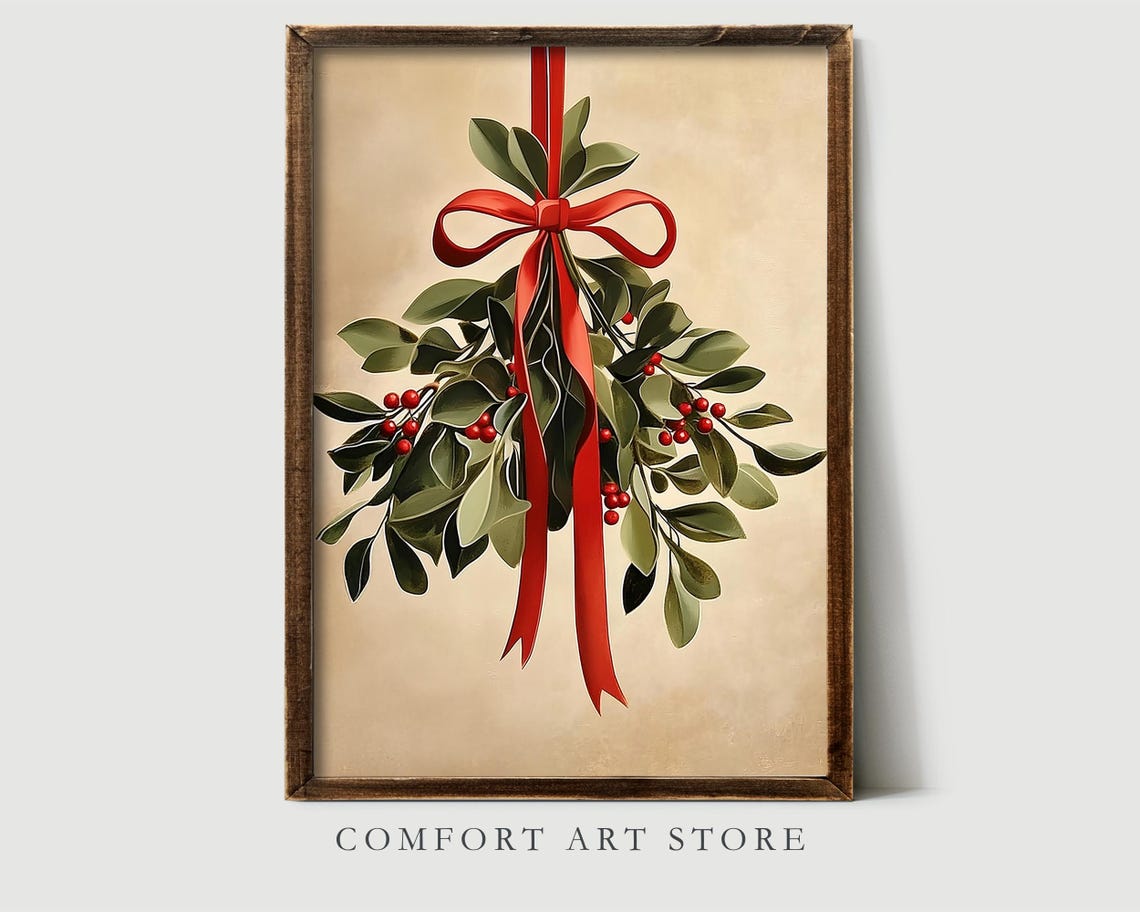 Christmas Mistletoe Sprig with Long Red Ribbon Holiday Print - Image 5