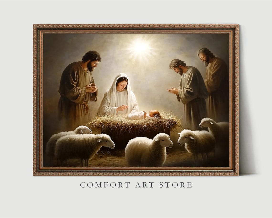 Holy Family Nativity Scene with Shepherds and Sheep Art Poster - Image 3