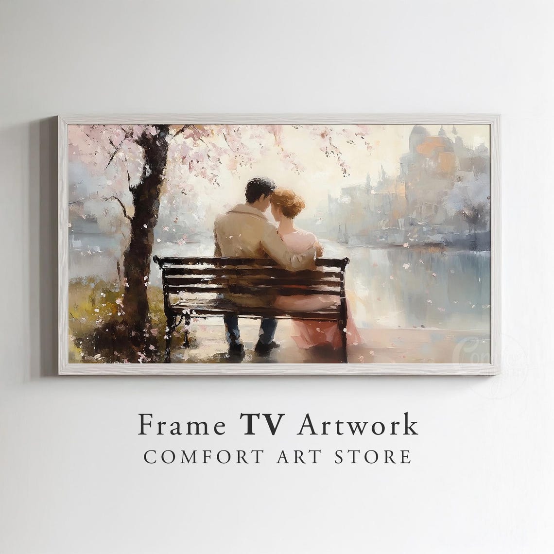 Embracing Couple Bench Blossom River Romantic Painting Decor Poster - Image 3