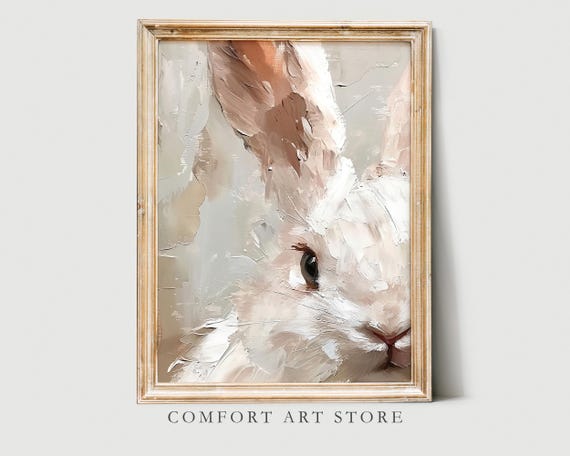 Easter Bunny Print Cute Easter Rabbit Close Up Neutral Spring Impasto Easter Bunny Nursery Wall Art Vintage Easter Decor Bunny Art