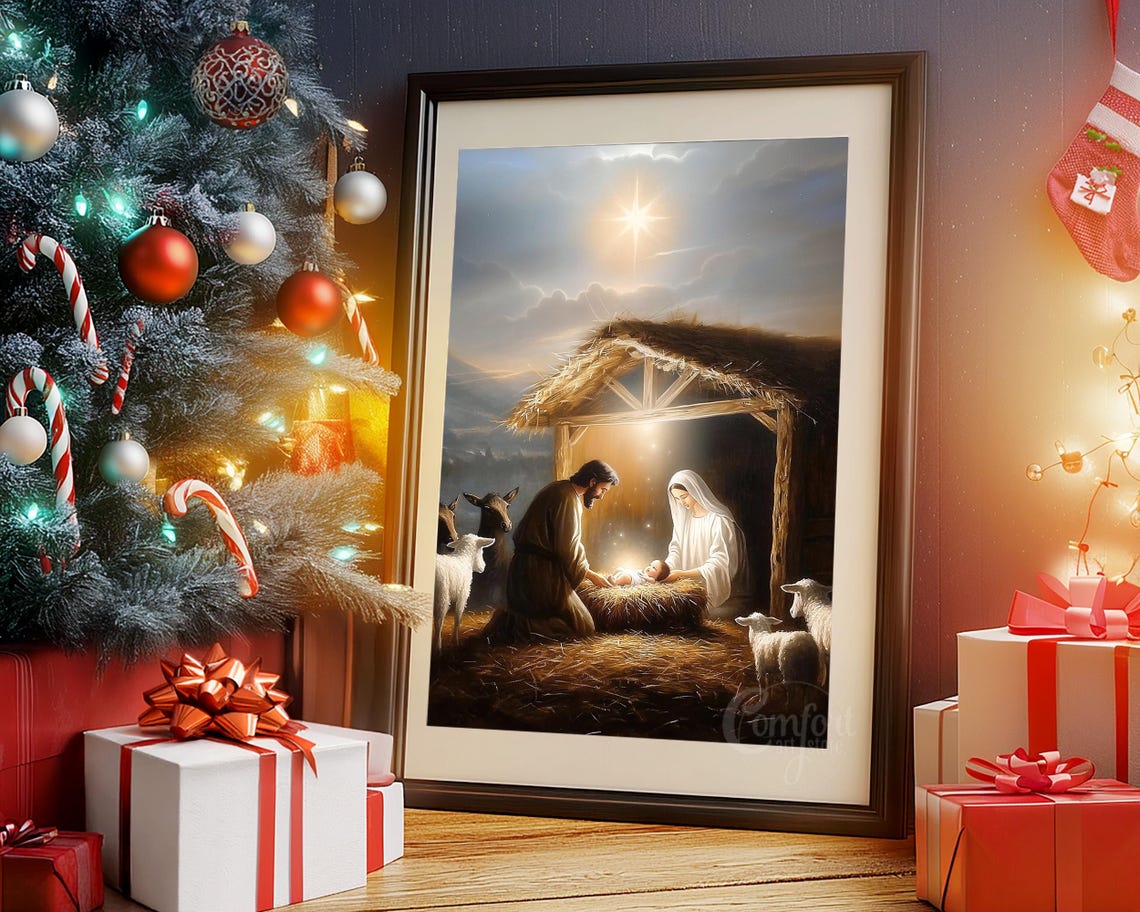 Peaceful Holy Family Nativity in Stable with Animals Star Poster - Image 6
