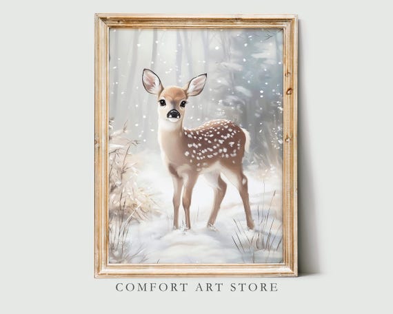 Vintage Christmas Deer Print Christmas Wall Art Winter Christmas Print Cute Deer Painting Sweet Deer Wall Art Rustic Christmas Art