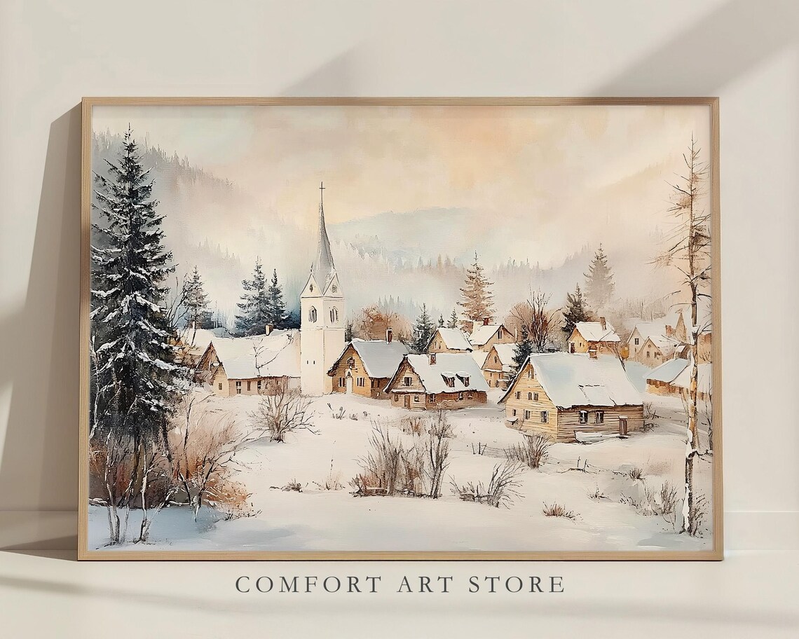 Snowy Village with Church Watercolor Winter Landscape Poster - Image 6
