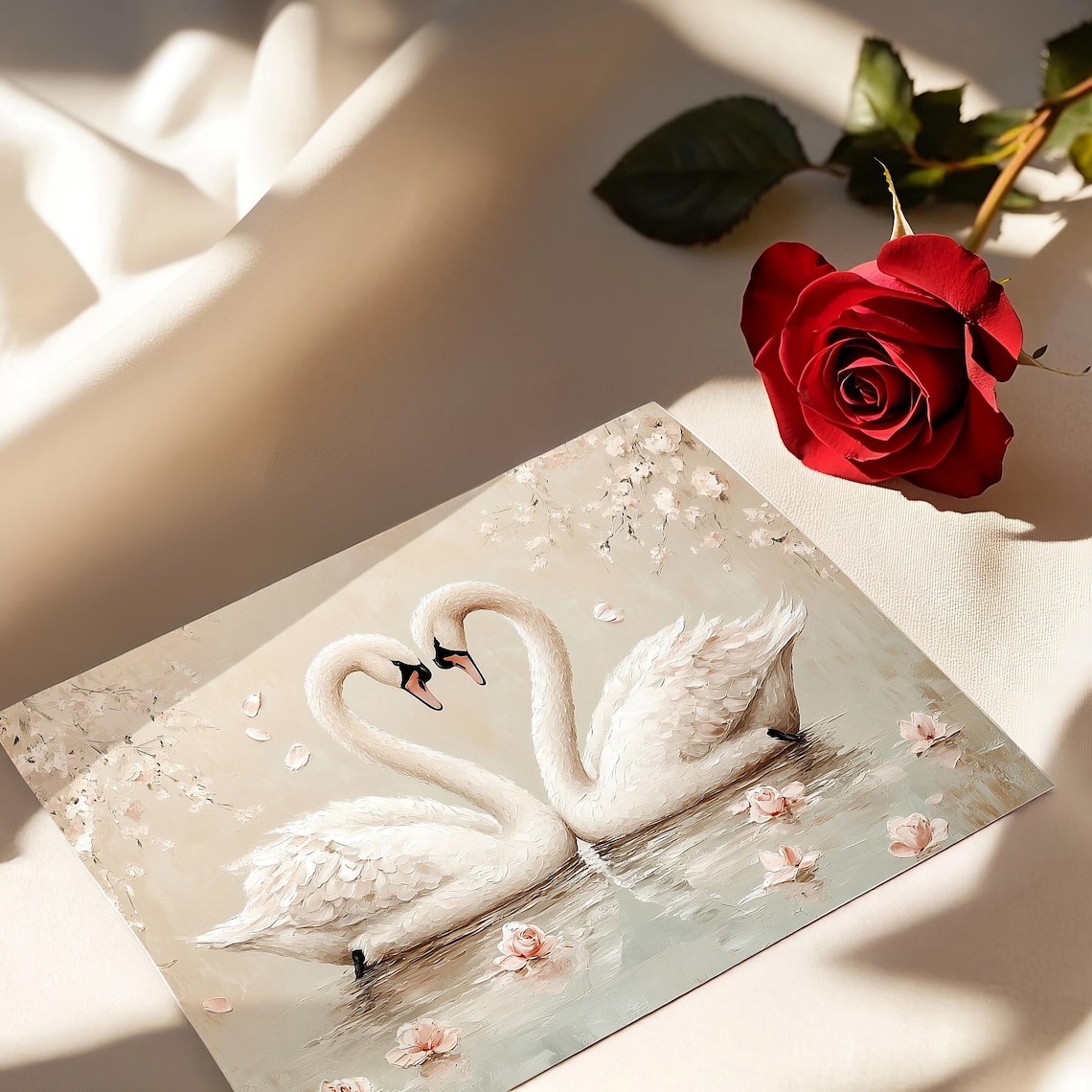 Swans Forming Heart Shape Love Valentine Oil Painting Poster - Image 4