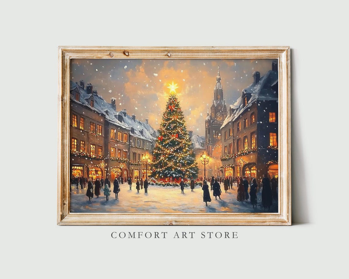 Vintage Christmas Town Print Christmas Wall Art Winter Holiday Antique Christmas Cityscape Painting Christmas Tree Wall Art Christmas Decor